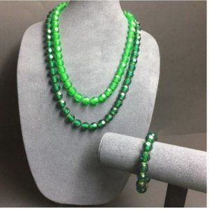 VTG Pop Bead Necklace Bracelet Green Faceted Transluscent Double Adjustable Retr